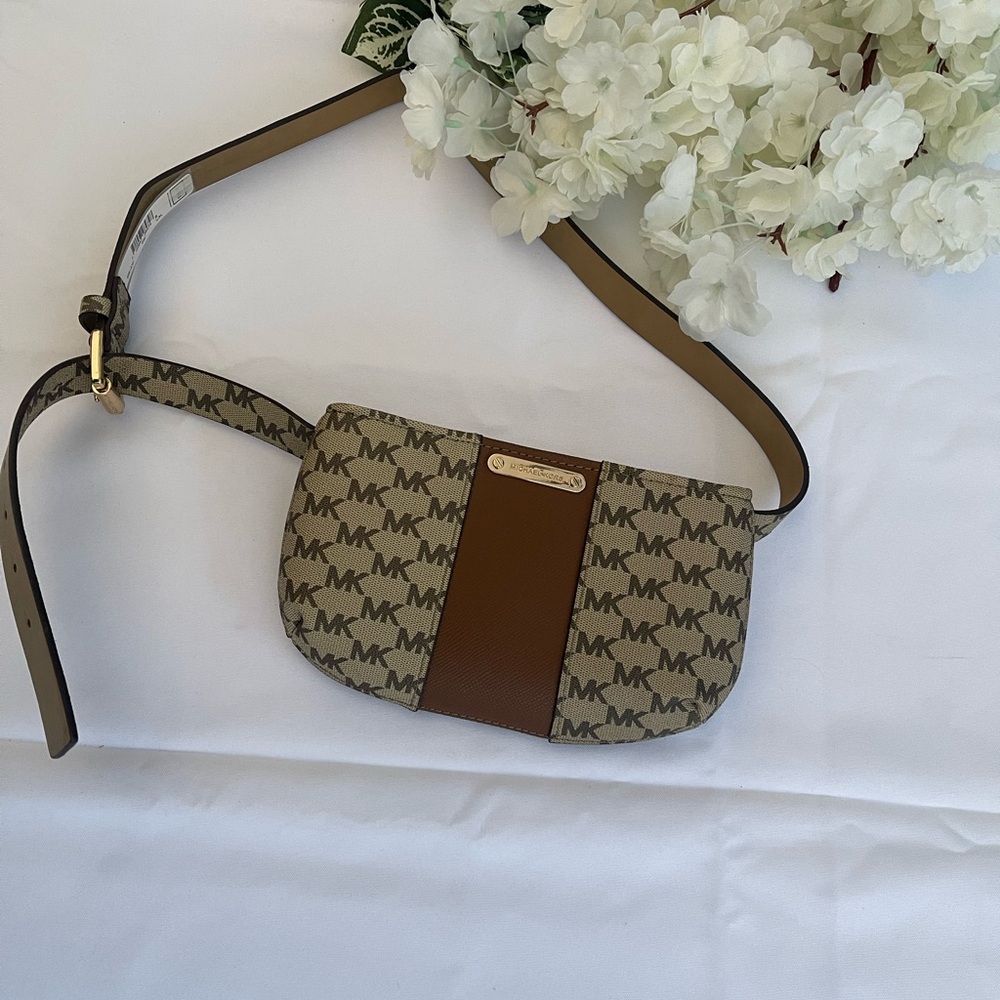 Michael Kors Brown and Tan Waist/ Crossbody Bag with Geometric Pattern